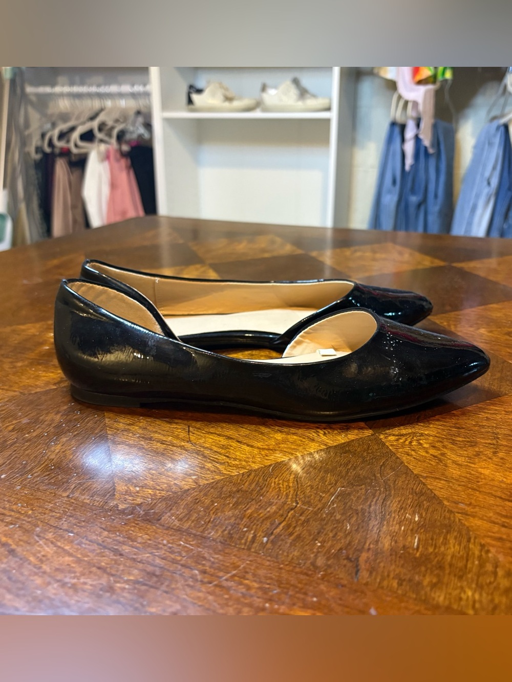 A new day women’s size 5.5 W black patent faux leather point toe flats